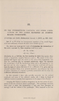 On the intersections, contacts, and other correlations of two conics expressed by indeterminate coordinates