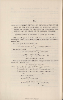 Note on a direct method of obtaining the expansion of the sine or cosine of multiple arcs in terms of powers of the sines or cosines of the simple arc by means of De Moivre's Theorem
