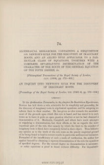 Algebraical researches, containing a disquisition on Newton's Rule for [...]