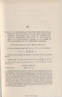 Note on the properties of the test operators which occur in the Calculus of Invariants, their derivatives, analogues, and laws of combination; [...]