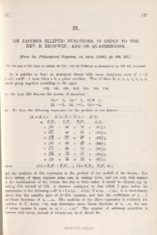 On Jacobi's Elliptic Functions, in reply to the rev. B. Bronwin: and on Quaternions