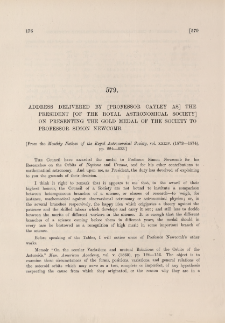 Address delivered by the President, Professor Cayley, on presenting the Gold Medel of the [Royal Astonomical] Society to Professor Simon Newcomb