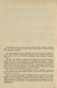 Information on the activities of Polish hydrobiological research centres. Hydrobiological Station of the Institute of Ecology, Polish Academy of Sciences