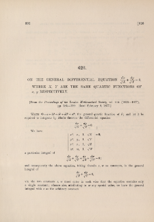 On the general differential equations dx/√X+dy/√Y=0, where X, Y are the same quartic functions of x, y respectively