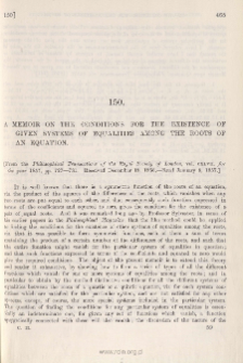 A Memoir on the Conditions for the Existence of given Systems of Equalities among the Roots of an Equation