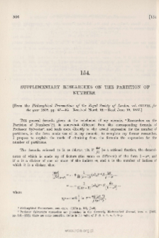 Supplementary Researches on the Partition of Numbers