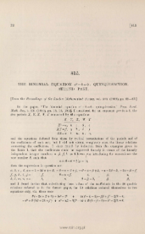 The binomial equation xp - 1 = 0 ; quinquisection. Second part