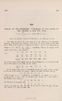 Tables of the symmetric functions of the roots, to the degree 10, for the form 1 + bx + cx3/1.2 + ... = ( 1 - ax ) ( 1 -βx ) ( 1 -γx ) ...