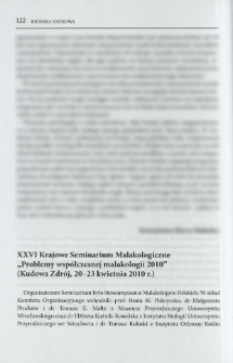 XXVI Krajowe Seminarium Malakologiczne "Problemy współczesnej malakologii 2010" (Kudowa Zdrój, 20-23 kwietnia 2010 r.)