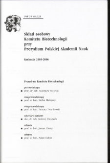 Skład osobowy Komitetu Biotechnologii przy Prezydium Polskiej Akademii Nauk