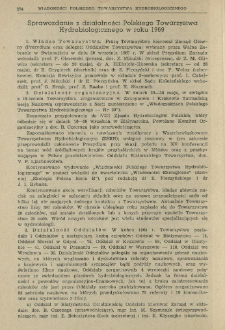 Sprawozdanie z działalności Polskiego Towarzystwa Hydrobiologicznego w roku 1969