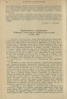 Sprawozdanie z działalności Polskiego Towarzystwa Hydrobiologicznego w roku 1971
