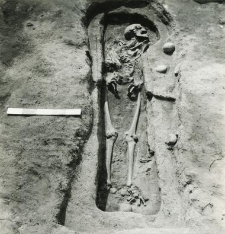 Grób 4-88, wkop grobowy, pochówek - szkielet z wadami wrodzonymi, widoczny wkop grobowy i zarysy trumny