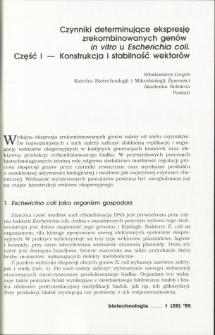 Czynniki determinujące ekspresję zrekombinowanych genów in vitro u Escherichia coli. Część I — Konstrukcja i stabilność wektorów