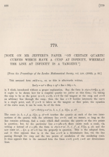 [Note on mr Jeffery's paper "On certain quartic curves which have a cusp at infinity, whereat the line at infinity is a tangent."]