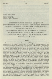 Eksperymentalne badanie wpływu soli pokarmowych na produkcję naturalnych zespołów fitoplanktonowych jako metoda prognozowania tempa eutrofizacji wód