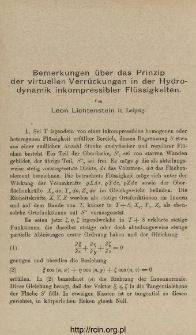 Bemerkungen über das Prinzip der virtuellen Verrückungen in der Hydrodynamik inkompressibler Flüssigkeiten