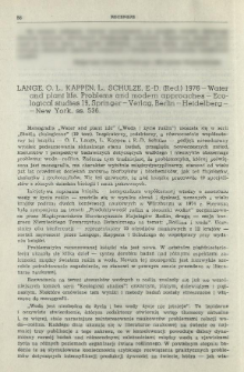 Recenzje. Lange, O. L., Kappen, L., Schulze, E.-D. (Red.) 1976 - Water and plant life. Problems and modern approaches - Ecological studies 19, Springer-Verlag, Berlin-Heidelberg-New York, ss. 536