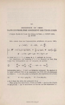 Condition du choc dans le problème restreint des trois corps. « Comptes rendus de l'Acad. des Sc. de Paris », t. CXXXV (1903), pp. 221-223