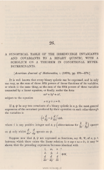 A synoptical table of the irreducible invariants and covariants to a binary quintic, with a scholium on a theorem in conditional hyper-determinants