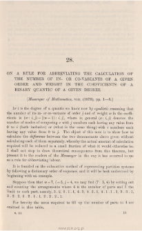 On a rule for abbreviating the calculation of the number of in- or co-variants of a given order and weight in the coefficients of a binary quantic of a given degree