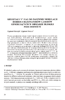 Kryształy V3+:YAG do pasywnej modulacji dobroci rezonatorów laserów generujących w obszarze bliskiej podczerwieni = YAG:V3+ crystals used passive Q-switching of laser resonators generating in near infrared region