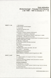 Spis artykułów Biotechnologii - Przegląd informacyjny z lat 1988 - 1991 • zeszyty nr 1-1