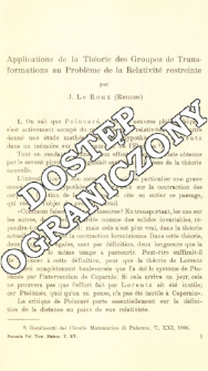 Applications de la théorie des groupes de transformations au problème de la relativité restreinte