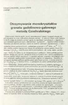 Otrzymywanie monokryształów granatu gadolinowo-galowego metodą Czochralskiego= Chochralski growth of gadolinum-gallium garnet single crystals