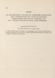 On Quaternions applied to Problems respecting the construction of a Circle touching three given Circles on a Sphere, and of a Sphere touching four given Spheres (1848)