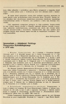 Sprawozdanie z działalności Polskiego Towarzystwa Hydrobiologicznego w 1979 r.