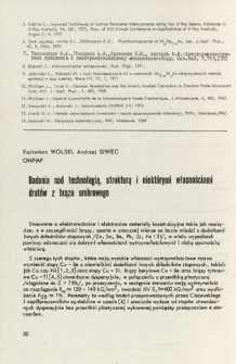 Badania nad technologią, strukturą i niektórymi własnościami drutów z brązu srebrowego = Investigations on technology, structure and on some properties of silver bronze wires