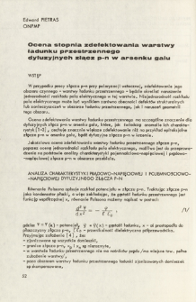 Ocena stopnia zdefektowania warstwy ładunku przestrzennego dyfuzyjnych złącz p-n w arsenku galu = The evaluation of space charge layer defects in gallium arsenide diffusion p-n junctions