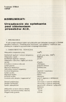 Komunikat : urządzenie do spiekania pod ciśnieniem proszków Al2O3 = Report: on equipment for Al2O3 powders sintering under pressure