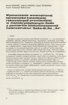 Wyznaczanie wewnętrznej sprawności kwantowej rekombinacji promienistej w monokrystaliczny GaAs z pomiarów fotoluminescencji heterostruktur GaAs-AlxGa1-xAs = Determination of internal quantum efficiency of radiative recombination in GaAs single crystals from photoluminescence measurements of GaAs-AlxGa1-xAs heterostructures