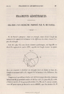 Fragments geometriques. Solution d'un probleme propose par M. de Pascal