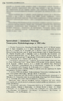 Sprawozdanie z działalności Polskiego Towarzystwa Hydrobiologicznego w 1982 roku