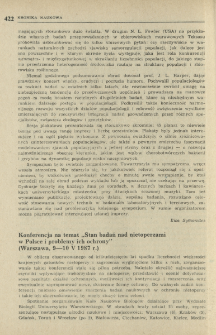 Konferencja na temat "Stan badań nad nietoperzami w Polsce i problemy ich ochrony" (Warszawa, 9-10 V 1987 r.)