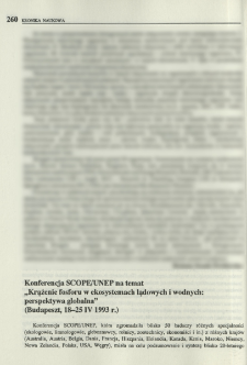 Konferencja SCOPE/UNEP na temat "Krążenie fosforu w ekosystemach lądowych i wodnych: perspektywa globalna" (Budapeszt, 18-25 IV 1993 r.)