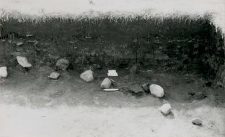 Layer 13 in the plot southern part: wooden structures (burnt beams) and stones covered with orange clay