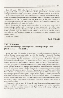 XXVIII Kongres Międzynarodowego Towarzystwa Limnologicznego -SIL (Melbourne, 4-10 II 2001 r.)