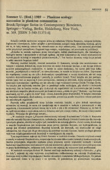 Sommer U. (Red.) 1989 - Plankton ecology: succession in plankton communities - Brock/Springer Series in Contemporary Bioscience, Springer-Verlag, Berlin, Heidelberg, New York, ss. 369. [ISBN 3-540-51373-6]