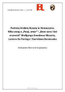 Portrety Hrabiny Rozyny w tłumaczeniu. Kilka uwag o „Porgi, amor” i „Dove sono i bei momenti” Wolfganga Amadeusa Mozarta, Lorenza Da Pontego i Stanisława Barańczaka