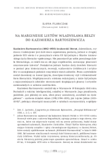 Na marginesie listów Władysława Bełzy do Kazimierza Bartoszewicza