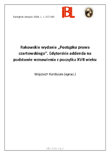 Rakowskie wydanie „Postępku prawa czartowskiego”. Edytorskie addenda na podstawie wznowienia z początku XVII wieku