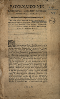 Rozrządzenie Nabozenstwa Czterdziestogodzinnego Po Dyecezyi Płockiey : [Datum] Dan w Warszawie 2. Stycznia 1779