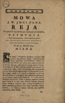 Mowa J. W. Jmci Pana Fryderyka Jakoba Psarskiego Podkomorzego Ziemi Wielunskiey, Y Z Teyże Do J. O. Xcia Jmci Poniatowskiego Arcy-Biskupa Gnieznienskiego, Prymasa Korony Polskiey y W. X. Litewskiego Delegowanego, Dnia dziesiątego Miesiąca Października Roku 1786. Miana w Warszawie.