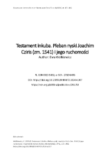 Testament inkuba. Pleban nyski Joachim Cziris (zm. 1541) i jego ruchomości