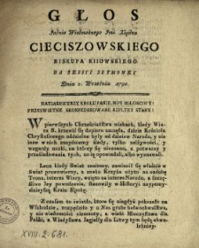 Głos Jaśnie Wielmożnego Jmi [!] Xiędza Cieciszowskiego Biskupa Kiiowskiego Na Sessyi Seymowey Dnia 2. Września 1790