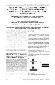 Próby wytwarzania soczewek Fresnela metodą wytłaczania na gorąco w szkłach tlenkowych dedykowanych na zakres od 400 do 8000 nm = Trial processes of fresnell lenses moulding in oxide glasses intended for vis and midir regions using the hot embossing technique